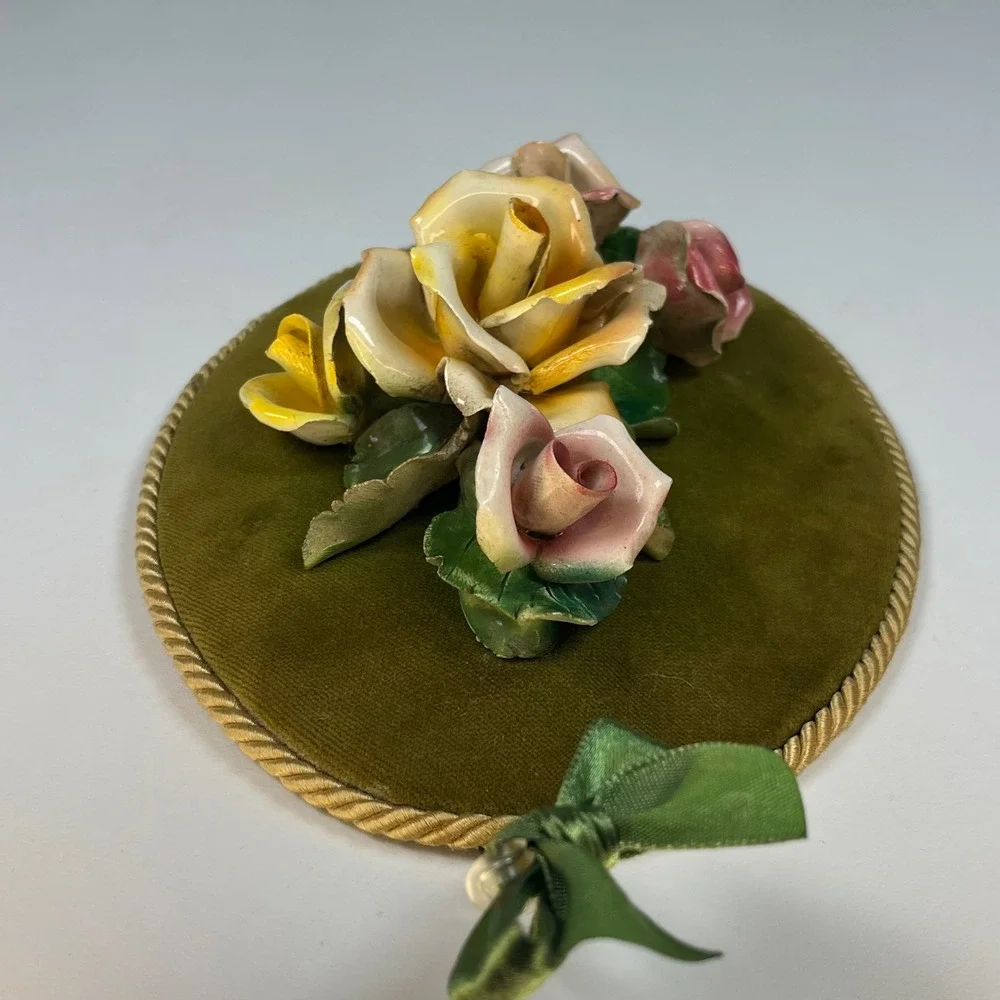 Heygill Wall Plaque Lime Green Porcelain Rose Velvet Italy Vintage 8 in x 6 in